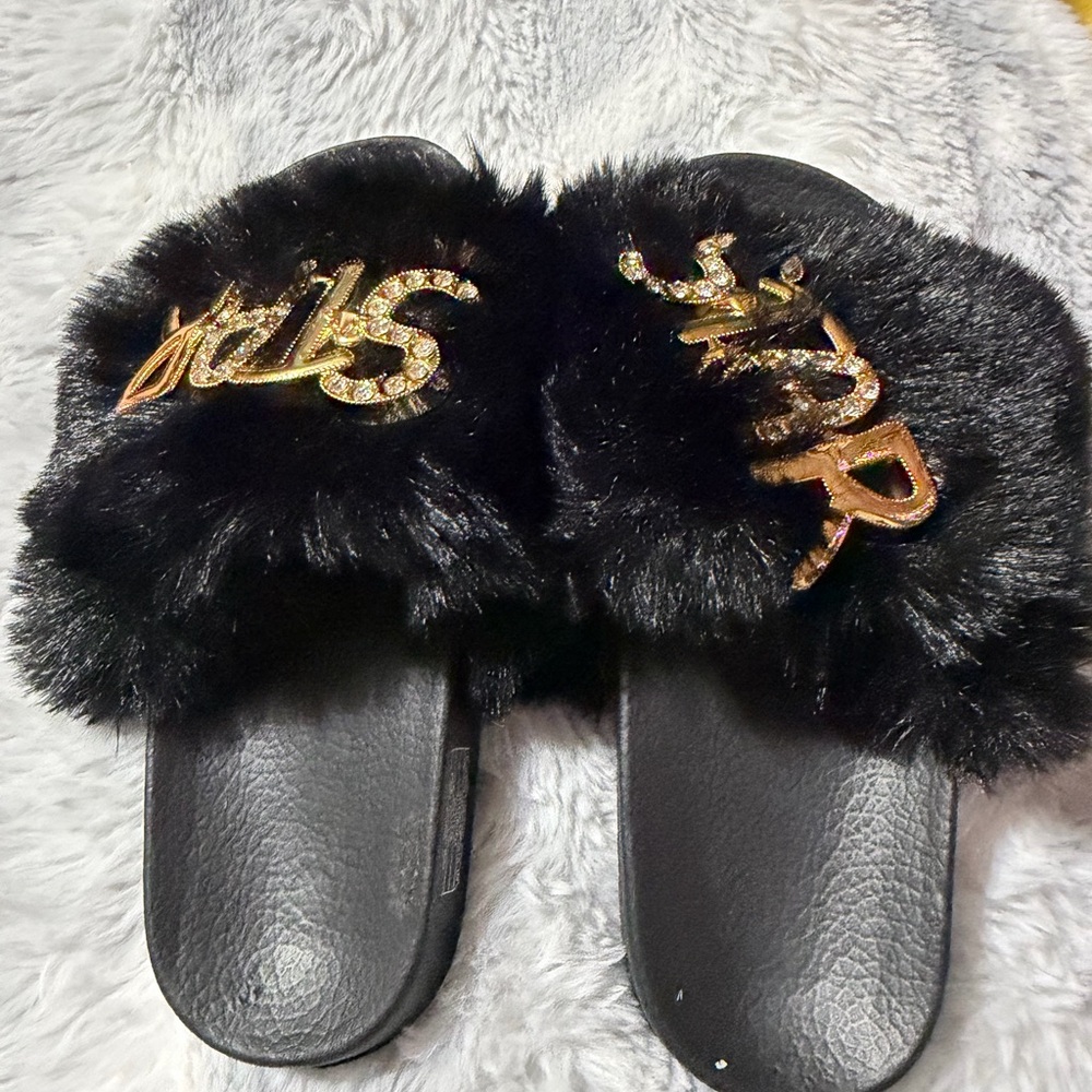 Black Faux-Fur Kids' Slide Sandals with Gold Accent